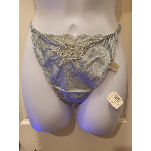 Vtg M/L Victorias Secret Satin T Back / Thong Panties G String Beaded SAGE Green - Picture 7 of 10